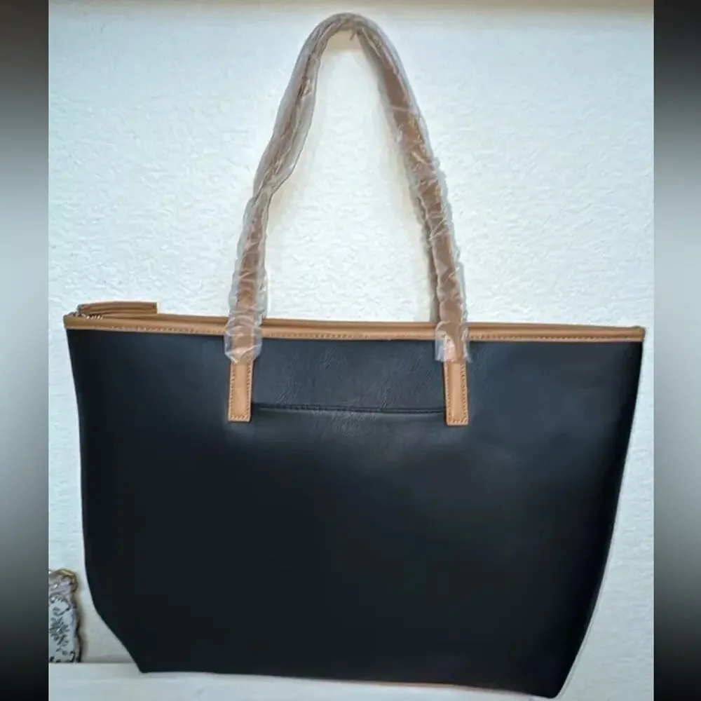 Tahari Kristen Black with Vachetta Trim Zip Closure Large Tote Bag Purse NWT